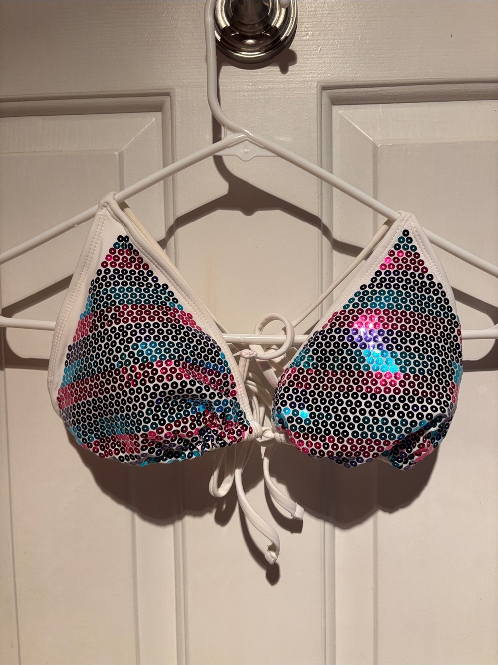 California Waves White Sequin Triangle Bikini Top with Pink & Blue Accents